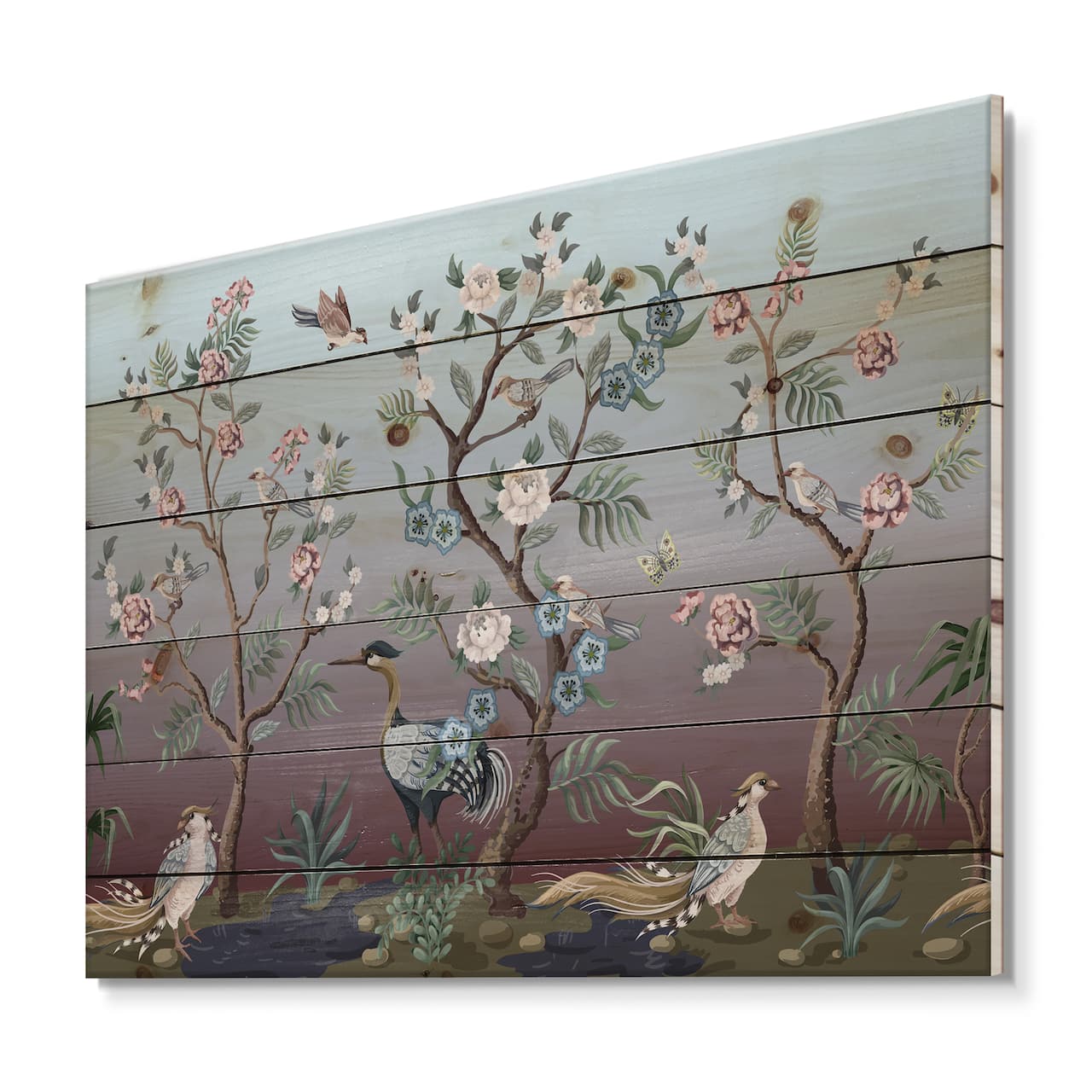 Designart - Chinoiserie With Birds and Peonies XI - Traditional Print on Natural Pine Wood